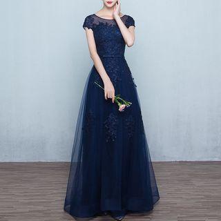 Mesh Trim Short Sleeve Evening Gown