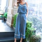 Set: Contrast Trim Camisole Top + Wide-leg Pants