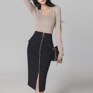 Set: Plain Long-sleeve T-shirt + High-waist Zip Split Midi Skirt