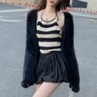 Halter-neck Striped Knit Top / Fluffy Cardigan / A-line Skirt