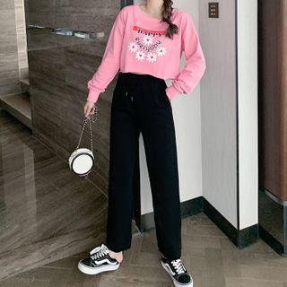 Long-sleeve Floral Print T-shirt / Wide-leg Pants / Set