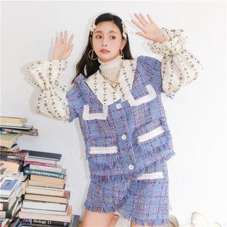 Print Panel Tweed Blouse / Mini A-line Skirt
