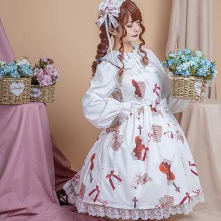 Printed Spaghetti Strap A-line Dress / Peter-pan-collar Blouse / Hairband / Set