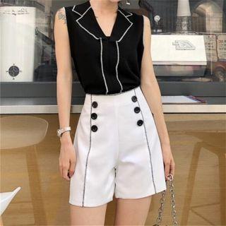 Set: Contrast Trim Sleeveless Chiffon Blouse + Buttoned Wide Leg Shorts