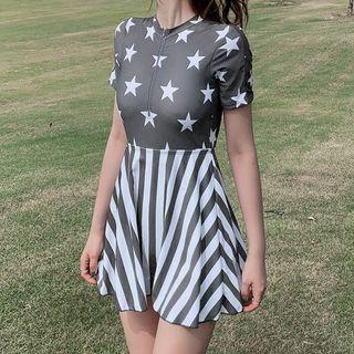 Star Print Panel Short-sleeve Striped Swimdress