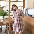 Round-neck Checked A-line Dress Light Brown - One Size