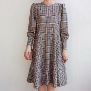 Balloon-sleeve Plaid A-line Dress