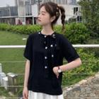Elbow-sleeve Embroidered Heart Ribbon T-shirt