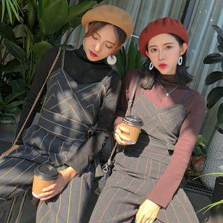 Set: Long-sleeve Mock-neck T-shirt + Spaghetti Strap Wide-leg Pants