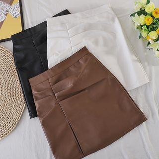 Asymmetrical Slitruched Faux Leather Skirt