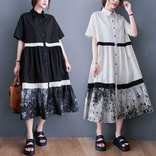 Short-sleeve Print Panel Midi Shirtdress