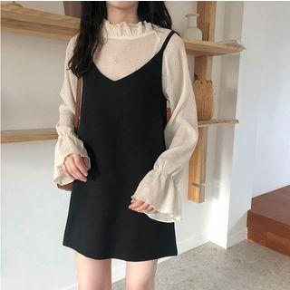 Set: Bell-sleeve Chiffon Top + Mini Pinafore Dress Top - Almond - One Size / Dress - Black - One Size