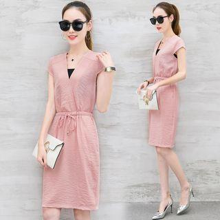 Set: Plain Short-sleeve Shift Dress + Bandeau