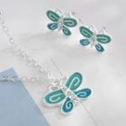 Set: Alloy Butterfly Pendant Necklace + Earring 01 - Set Of 3 - Silver - One Size