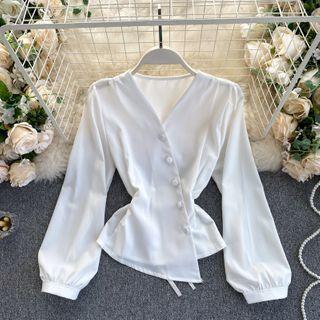 V-neck Lace-up Strap Asymmetrical Puff-sleeve Top