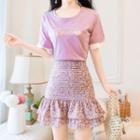 Short-sleeve Lettering Printed T-shirt / High-waist Floral Mini Mermaid Skirt