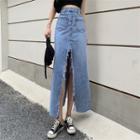High-waist Frayed Midi Denim Skirt