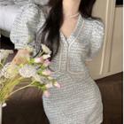 Puff-sleeve Single-breasted Tweed Jacket / Mini A-line Skirt