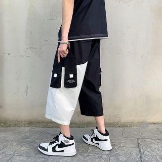 Lettering Two-tone Capri Wide Leg Cargo Pants