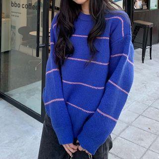 Round Neck Striped Sweater Pink Stripe - Bright Blue - One Size