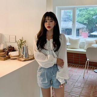 Bishop-sleeve Button-trim Blouse
