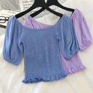 Plain Smocked Puff-sleeve Blouse