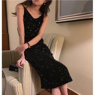 Spaghetti Strap Sequin Midi Sheath Dress Black - One Size