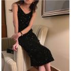 Spaghetti Strap Sequin Midi Sheath Dress Black - One Size