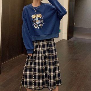 Print Sweatshirt / Plaid Midi A-line Skirt / Set