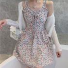 Light Cardigan / Sleeveless Floral Print Dress