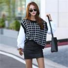 Inset Sleeveless Check Knit Top Shirred Sleeve Blouse