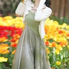 Spaghetti Strap Floral Mesh Midi A-line Dress / Floral Accent Cardigan / Set
