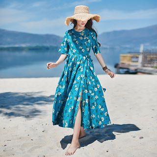 Floral Short-sleeve Tie-waist Dress Blue - One Size