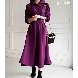 Pintuck-waist Flared Long Hoodie Dress