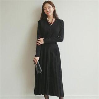 Half-placket Knit Maxi Dress With Belt