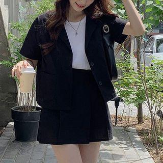 Set: Short-sleeve Open-collar Shirt + Pleated Mini A-line Skirt