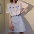 Short-sleeve Lettering Flower Print T-shirt / Mini A-line Skirt