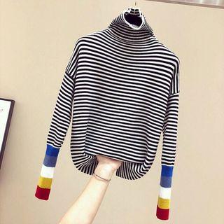 Long-sleeve Turtleneck Color Block Knit Top