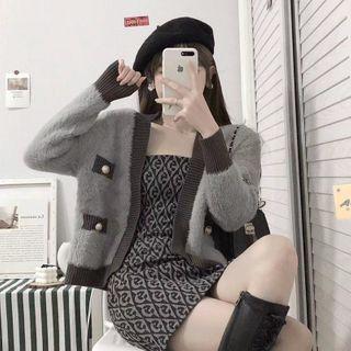 Cardigan / Spaghetti Strap Lettering Midi A-line Dress
