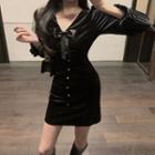 Buttoned Long-sleeve A-line Mini Velvet Dress Black - One Size