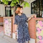 Elbow-sleeve Tie-front Floral Midi Dress