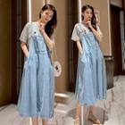 Set: Striped Elbow-sleeve T-shirt + Midi A-line Denim Pinafore Dress