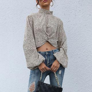 Leopard Print High Neck Puff Sleeve Blouse
