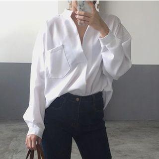 Long-sleeve Plain Blouse White - One Size