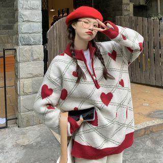 Heart Print Half-zip Sweater Off-white & Red - One Size