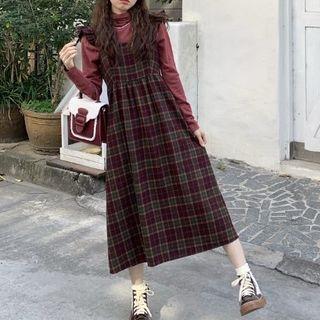 Long-sleeve Turtleneck Top / Plaid Frill Trim Midi A-line Overall Dress