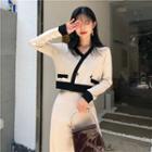 Set: Color-block Knit Top + Wide-leg Pants