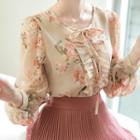 Tie-neck Balloon-sleeve Frilled Floral Blouse