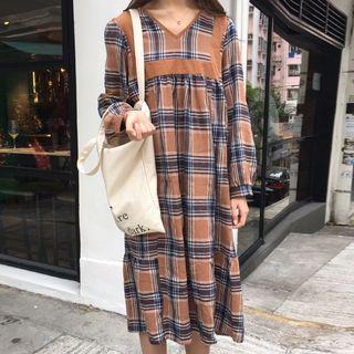 Plaid V-neck Long Sleeve Dress