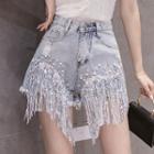 Faux Pearl Fringe Hem Denim Hot Pants